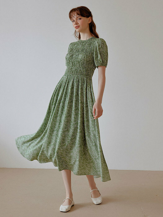 Pattern Shirring long Dress (green)
