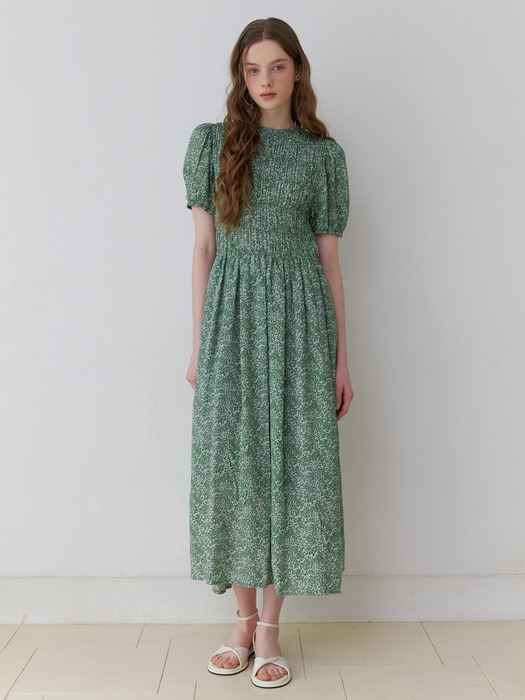 Pattern Shirring long Dress (green)