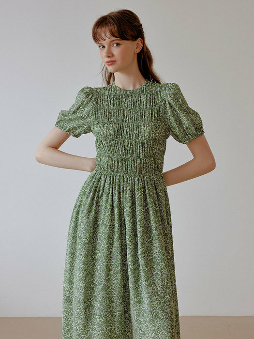 Pattern Shirring long Dress (green)