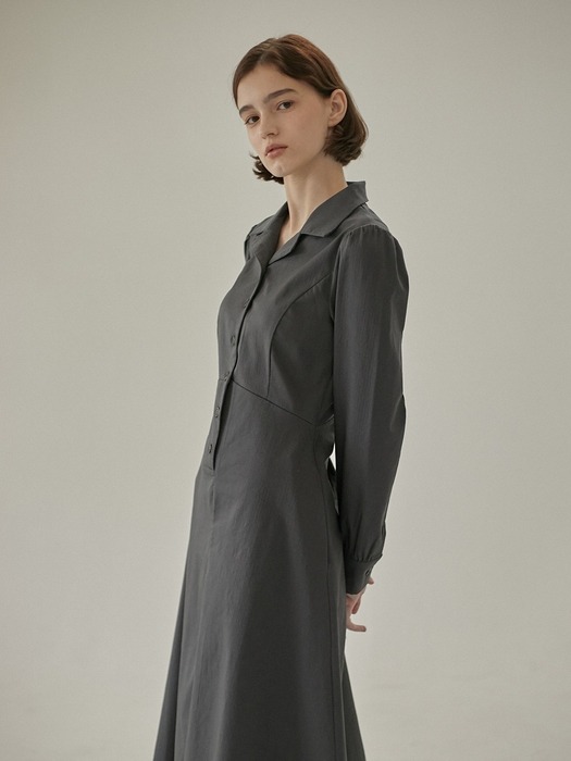 Herringbone Shirring Button Dress - Charcoal