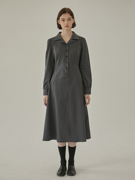 Herringbone Shirring Button Dress - Charcoal