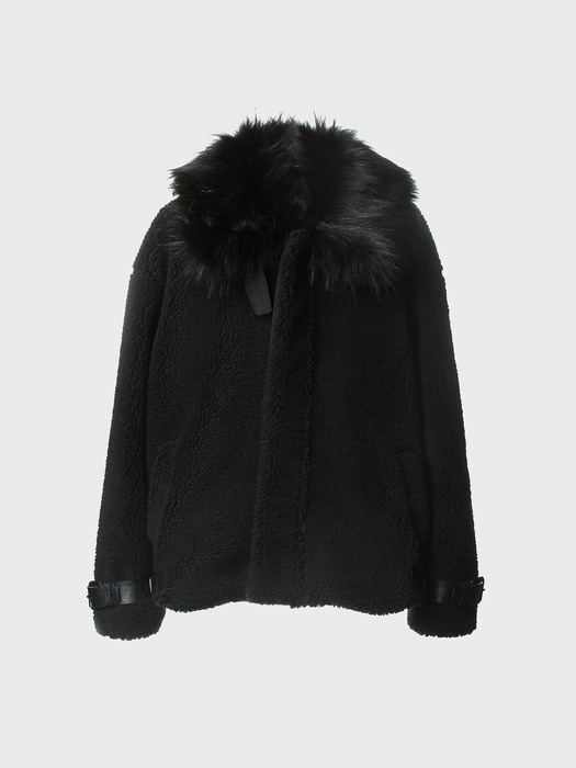 Spread-Collar Shearling Bomber Jacket[Black(UNISEX)]_UTO-FB23