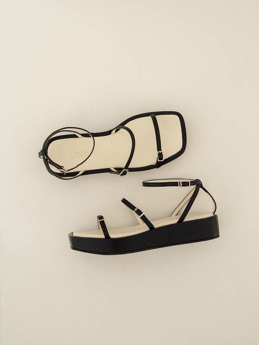 Leather Strap Wedge Sandals Black