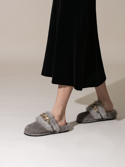 Labana Chained Faux-fur Slides in Vintage Gray Suede