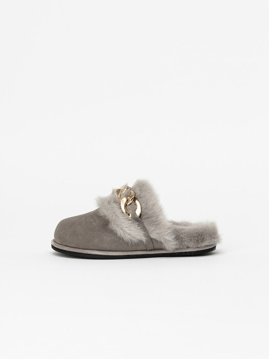 Labana Chained Faux-fur Slides in Vintage Gray Suede