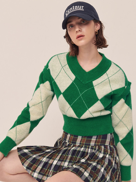 [TC21AWKN02GN]FLUFFY ARGYLE SLEEVE CUT KNIT TOP [GREEN]