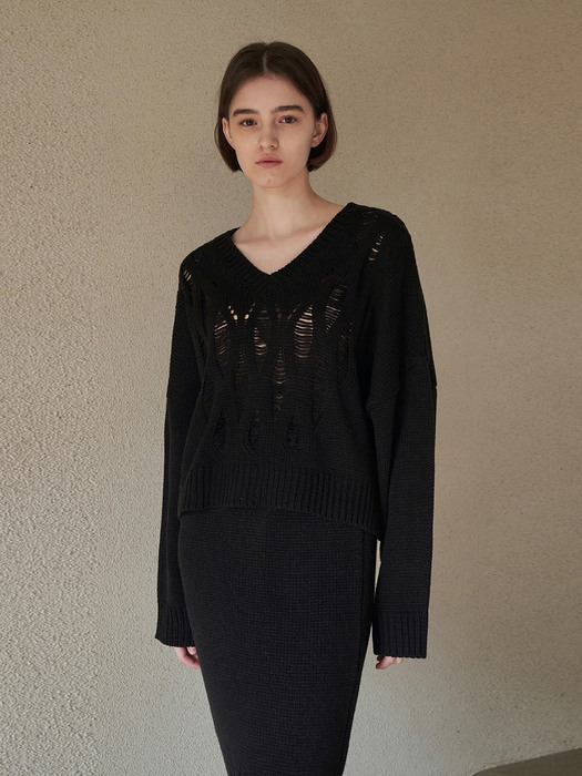 Netting v-neck knit - black