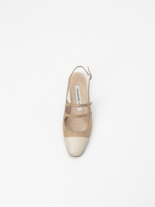 Crescin Maryjane Slingback Flat shoes in Natural Straw with Ivory Toe