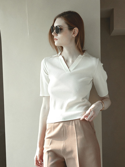 Open Collar Knit Top Ivory