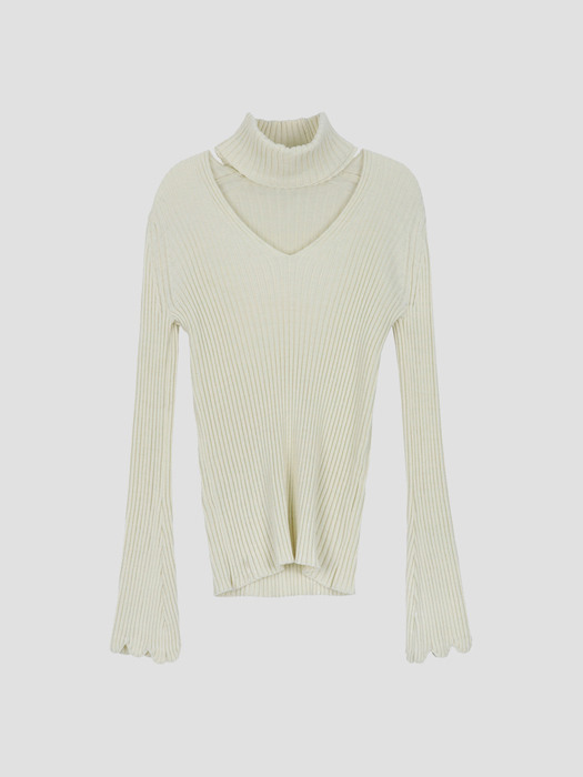 [22FW] Bell Sleeves V-neck Pollar Knit Top - Ivory