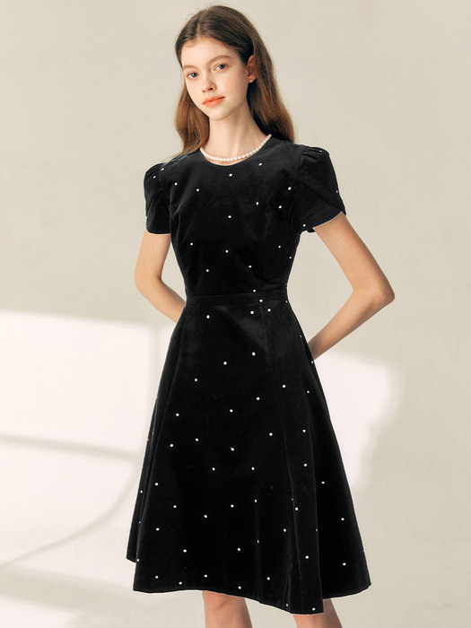 SELINA Ribbon detail velvet dress (Black)