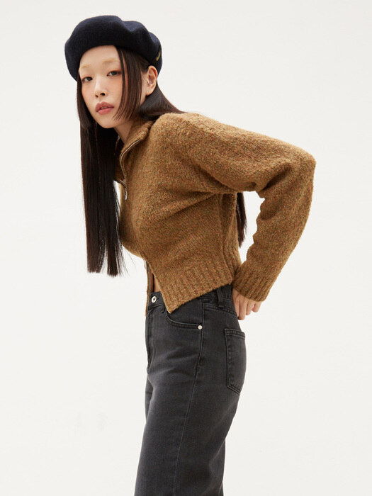 Knit Zip-Up Sweater - Brown