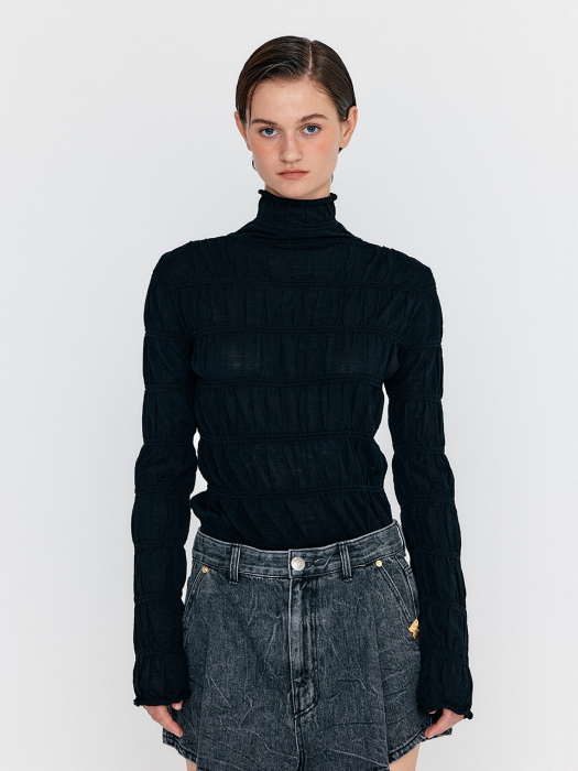 WOLLY High Neck Shirred Knit Top - Black