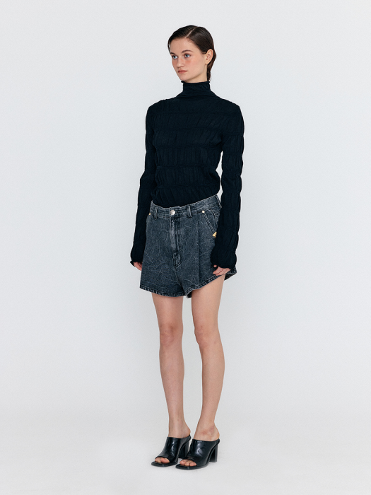 WOLLY High Neck Shirred Knit Top - Black