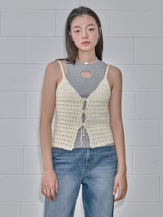 Handmade Crochet Tie Knit Vest_Cream