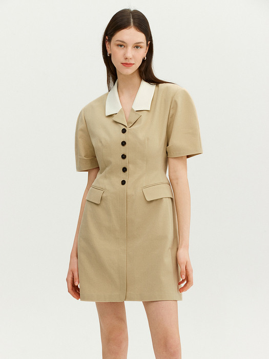 UFFIZI Color-blocked collar one piece (Light beige)