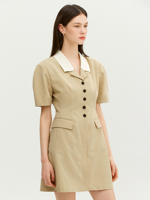 UFFIZI Color-blocked collar one piece (Light beige)