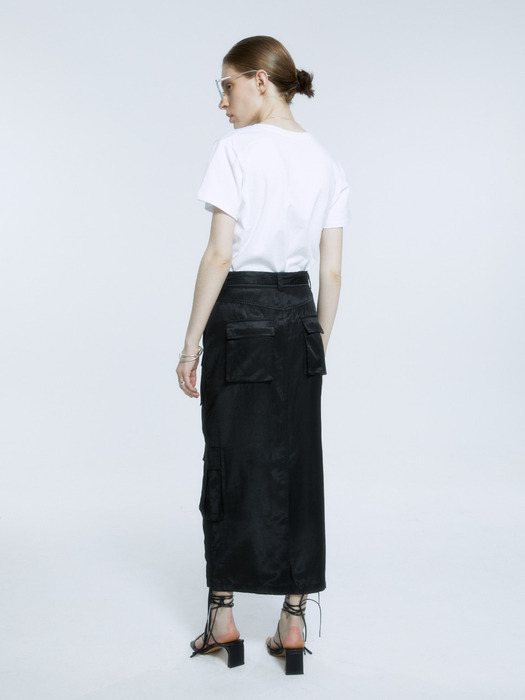 LILY Side String Belted Satin Cargo Long Skirt_Black