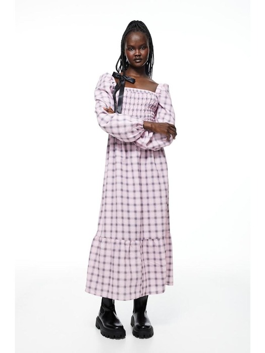 스모킹 디테일 크레이프 드레스 라이트 핑크/체크 1190600001