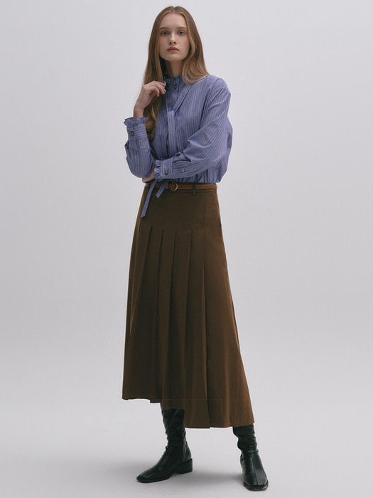 Unbalance Pleats Skirt Wool Blend BROWN