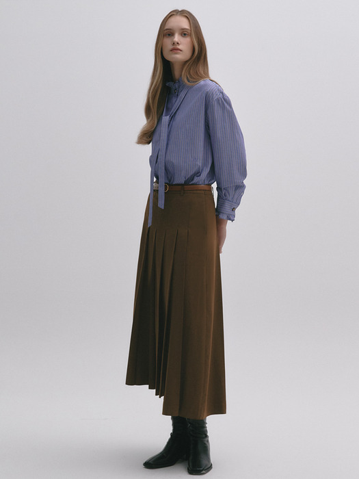 Unbalance Pleats Skirt Wool Blend BROWN