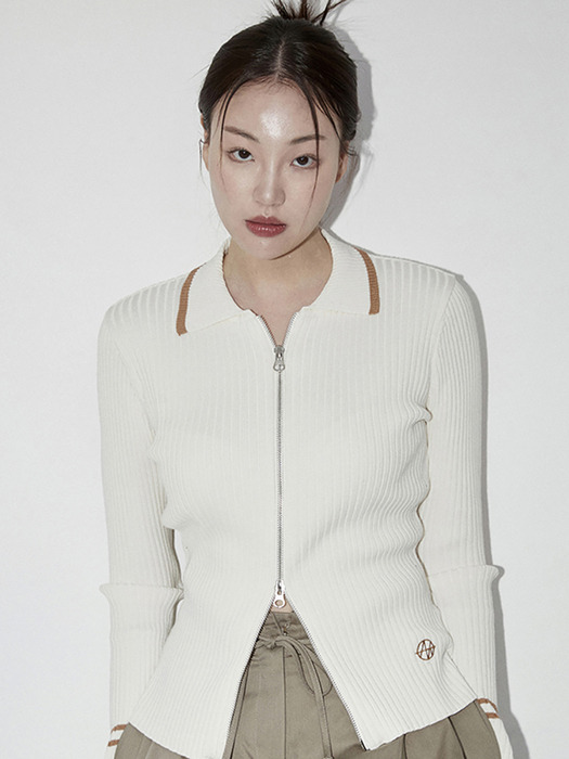 RIBBD TWO WAY ZIP-UP KNIT - Ivory