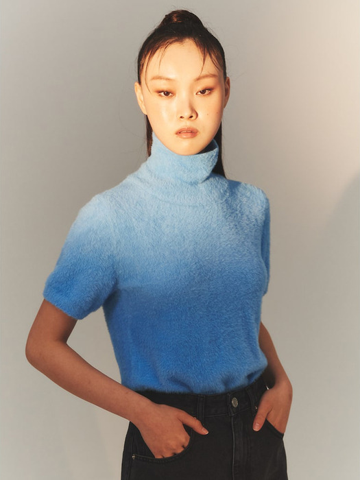 Turtleneck Short Sleeve Knit Pullover  Blue (KE3X51M04P)
