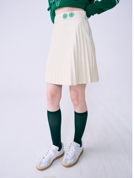 FAUX LEATHER ACCORDIAN PLEATS SKIRT_IVORY GREEN