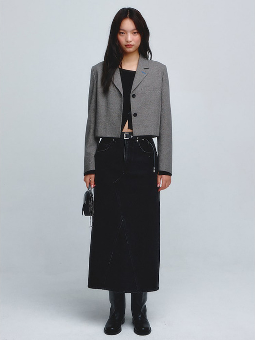 Panelled Denim Long Skirt  Black (KE4127M535)