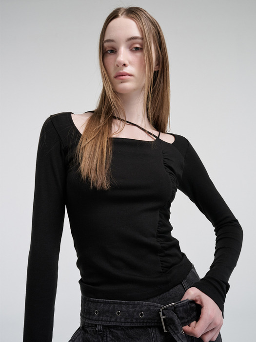 Unbalance Shirring Strap T-Shirt, Black
