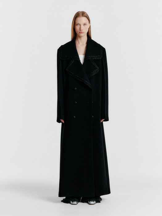YEDIAN Lace-trim Big Collar Long Coat - Black