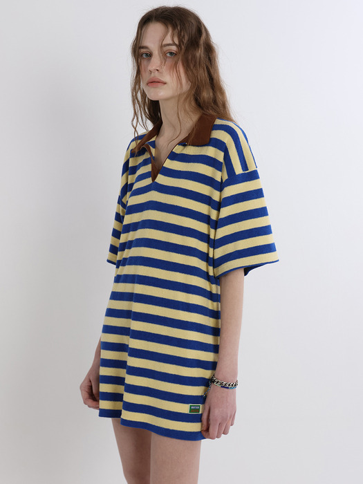 Terry Stripe Collar Dress (Blue/Brown)