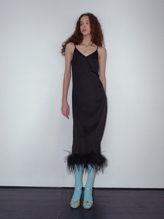 Luz Ostrich Hair Slip Dress / Black