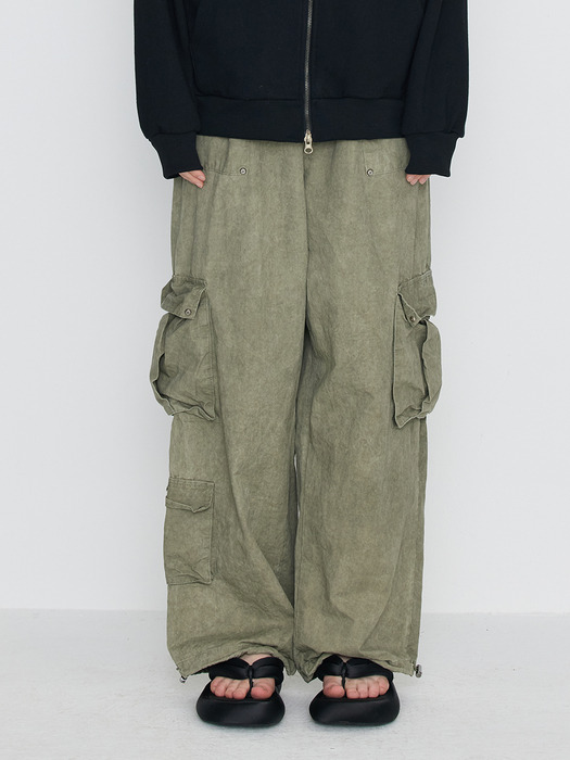 Washing Cotton Cargo Banding Pants Vintage Khaki