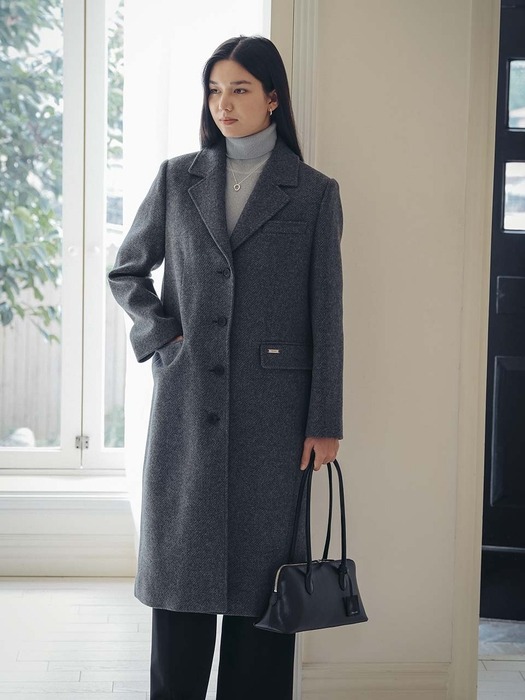 Herringbone twill standard fit wool coat_Charcoal