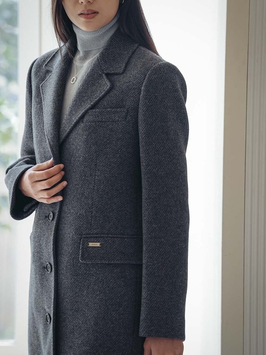 Herringbone twill standard fit wool coat_Charcoal