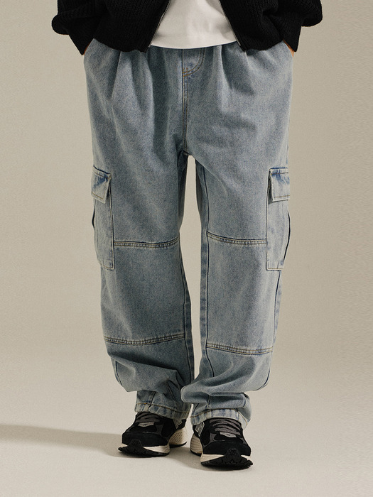 String Cargo Denim Pants Blue