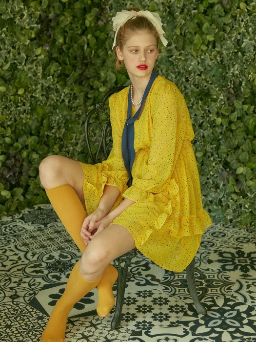 Polka Dot Printed Frilly Chiffon V-Neck Dress (Yellow)