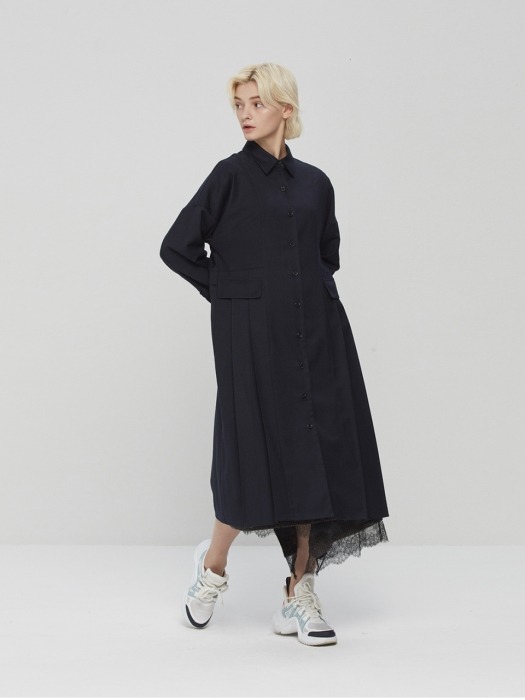 Wool Blend Pleated Shirts Dress Navy