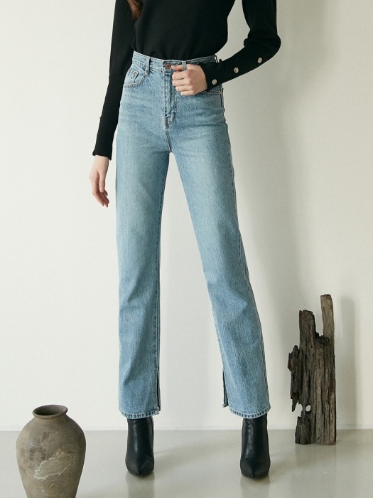 iuw538 side cut long denim jeans (light blue)