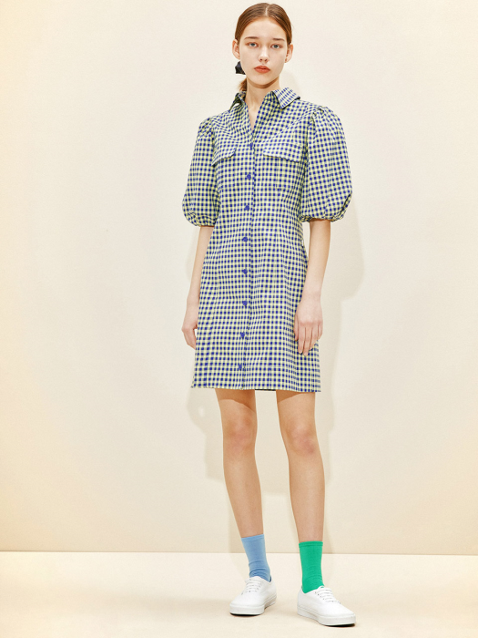 Puff Sleeve Shirt Dress [Blue Gingham Check] JSDR0B903B2