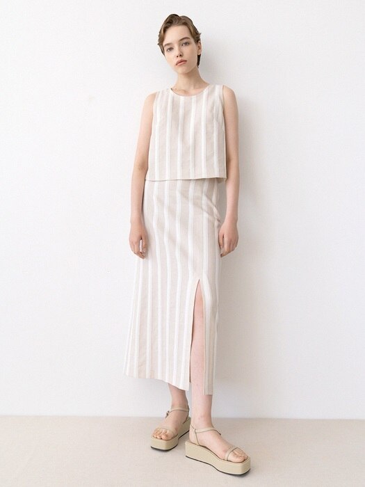 slit banding linen skirt (stripe)