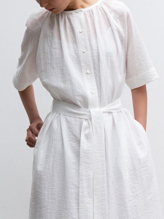 GATHERED-NECK LONG DRESS (WHITE)
