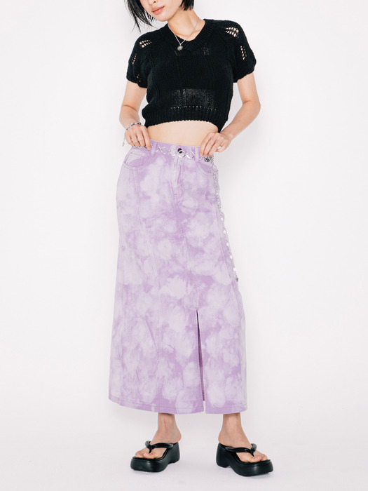 BLEACH WASHED DENIM LONG SKIRT [LILAC]