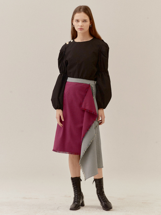 CHECK COMBINATION FRINGED MIDI SKIRT_RED (EETZ3SKR01W)