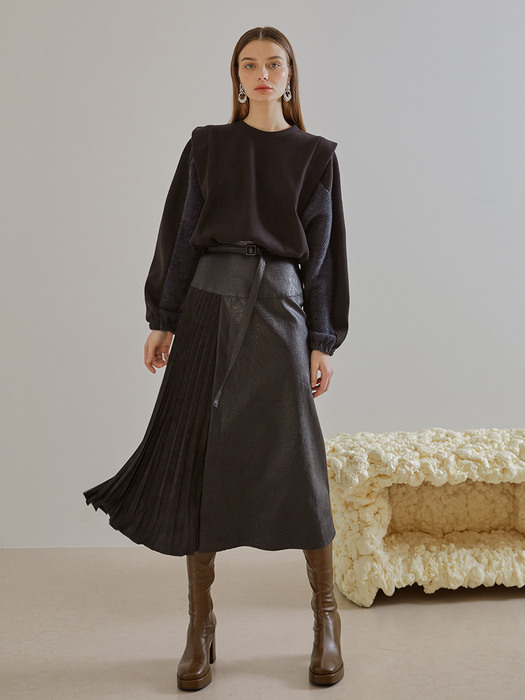 Leather Pleats Belt Skirt, Black