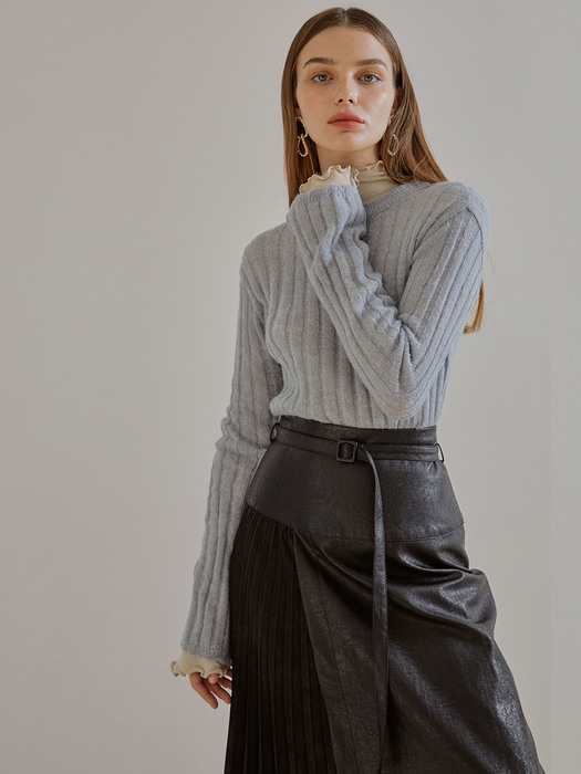 Leather Pleats Belt Skirt, Black