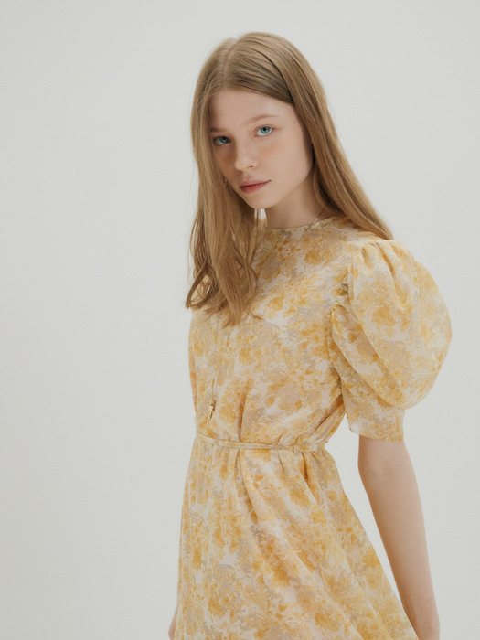 FLORAL CHIFFON SHIRRING DRESS_YELLOW