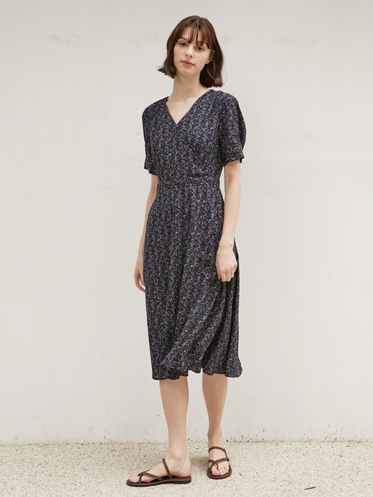 Floral Wrap Long Dress - Navy