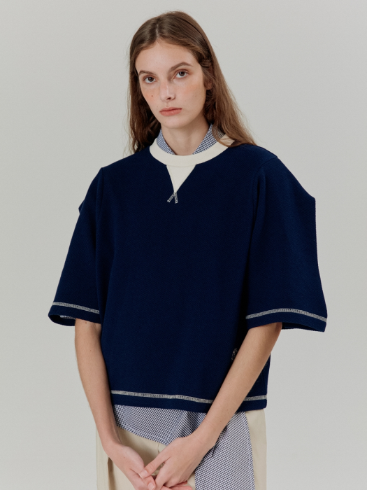 PUFF-SLEEVED WAFFLE T-SHIRT NAVY (AETS1E018N2)
